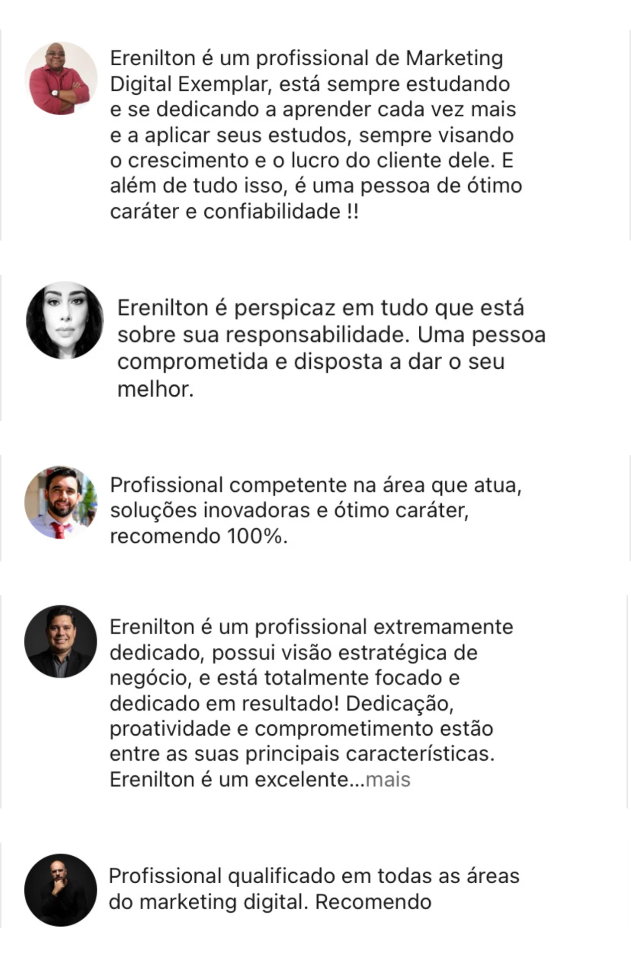 Cinco recomendações publicadas por profissionais que trabalharam com Nilton Junior em projetos de marketing digital